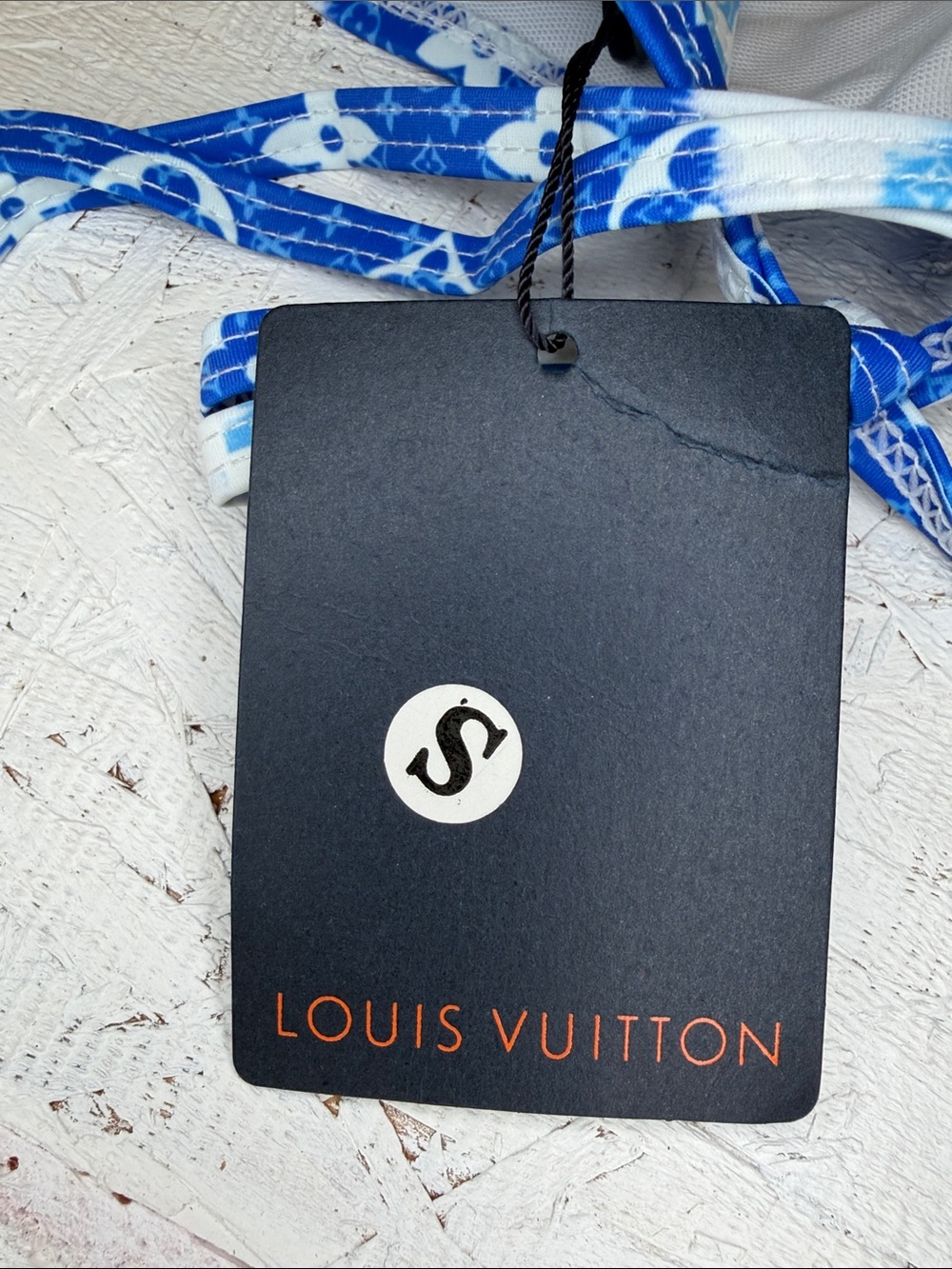 Louie Vuitton NWT 2 pc bikini, SZ  SM blue,/wht signature  logo pattern - Picture 3 of 5
